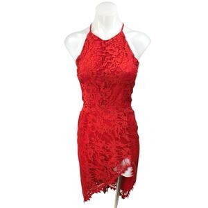For Love & Lemons Red Floral High Neck Lace Asymmetrical Sleeveless Mini Dress S